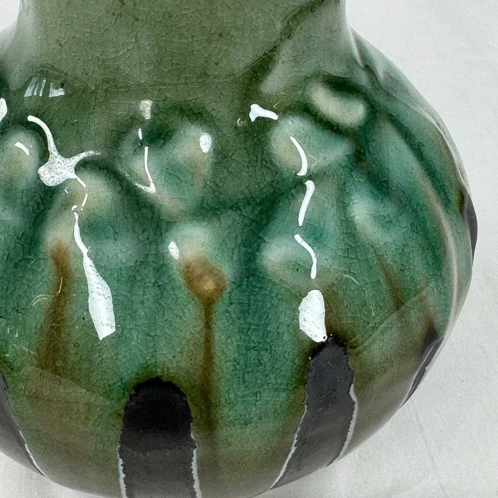 Vintage Studio Pottery Drip Glaze Vase‎ Green Brown Textured Scalloped Rim 5.5